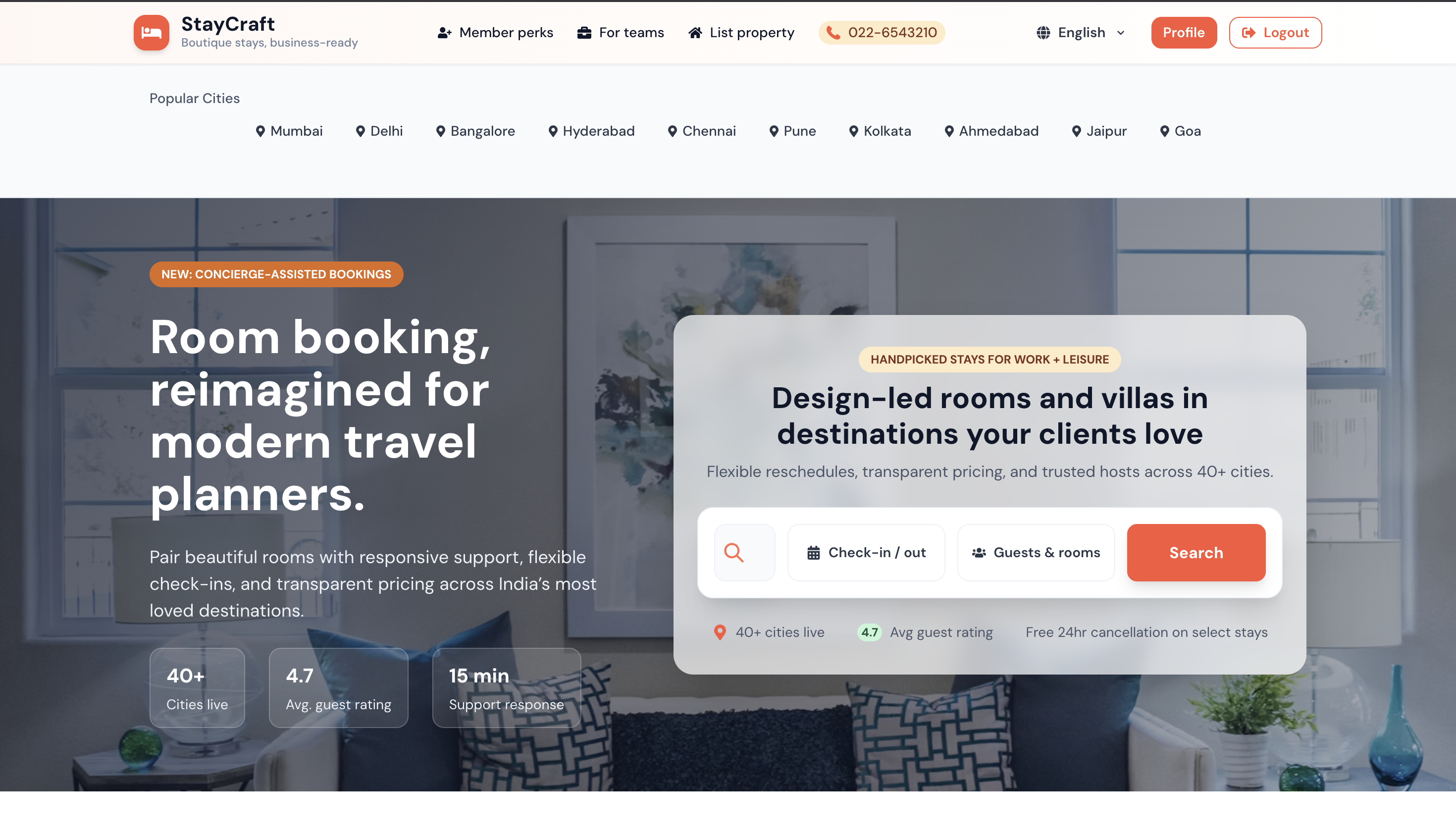 Staycraft home screen featuring featured rooms