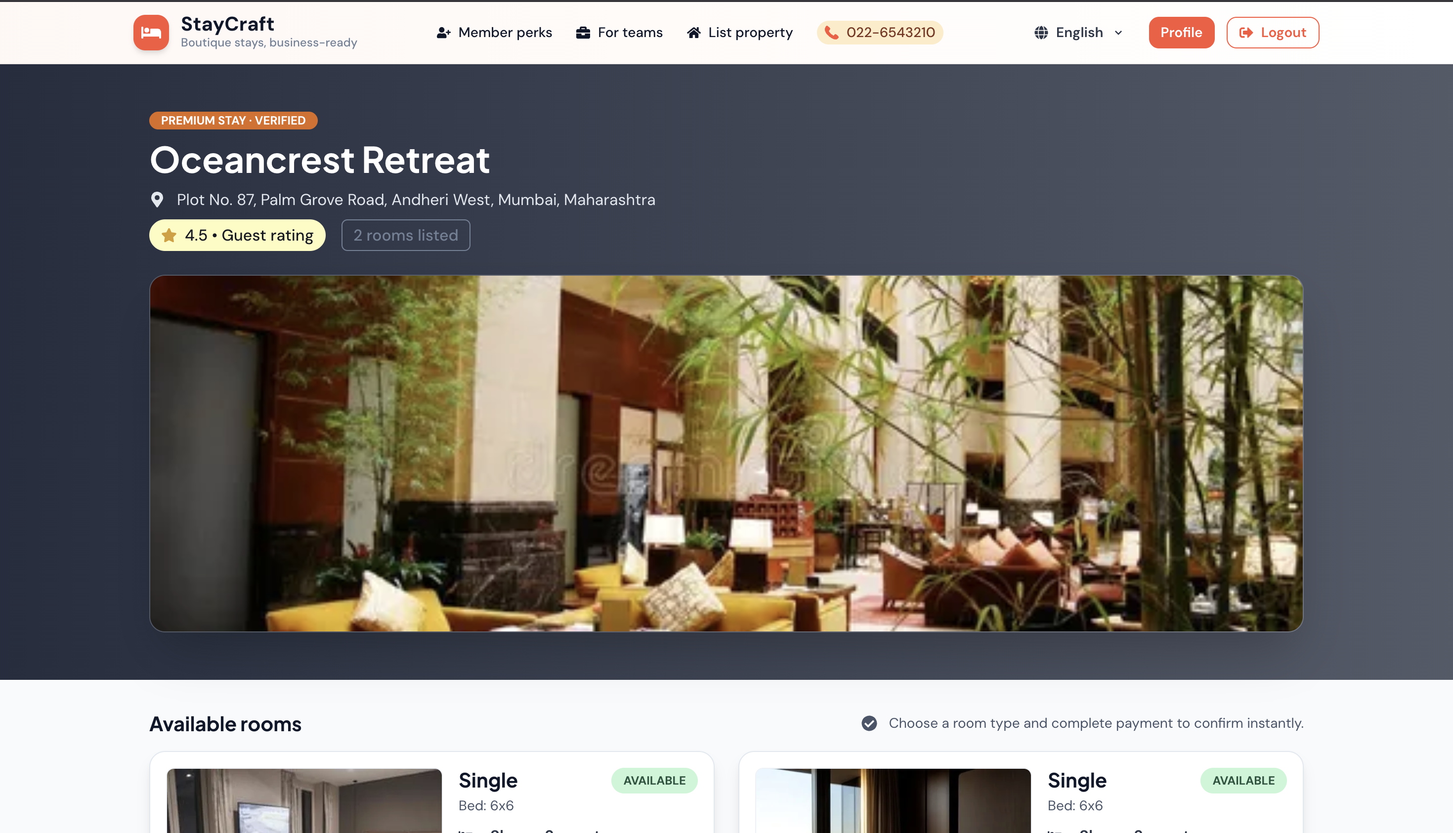 Room details page with amenities and gallery