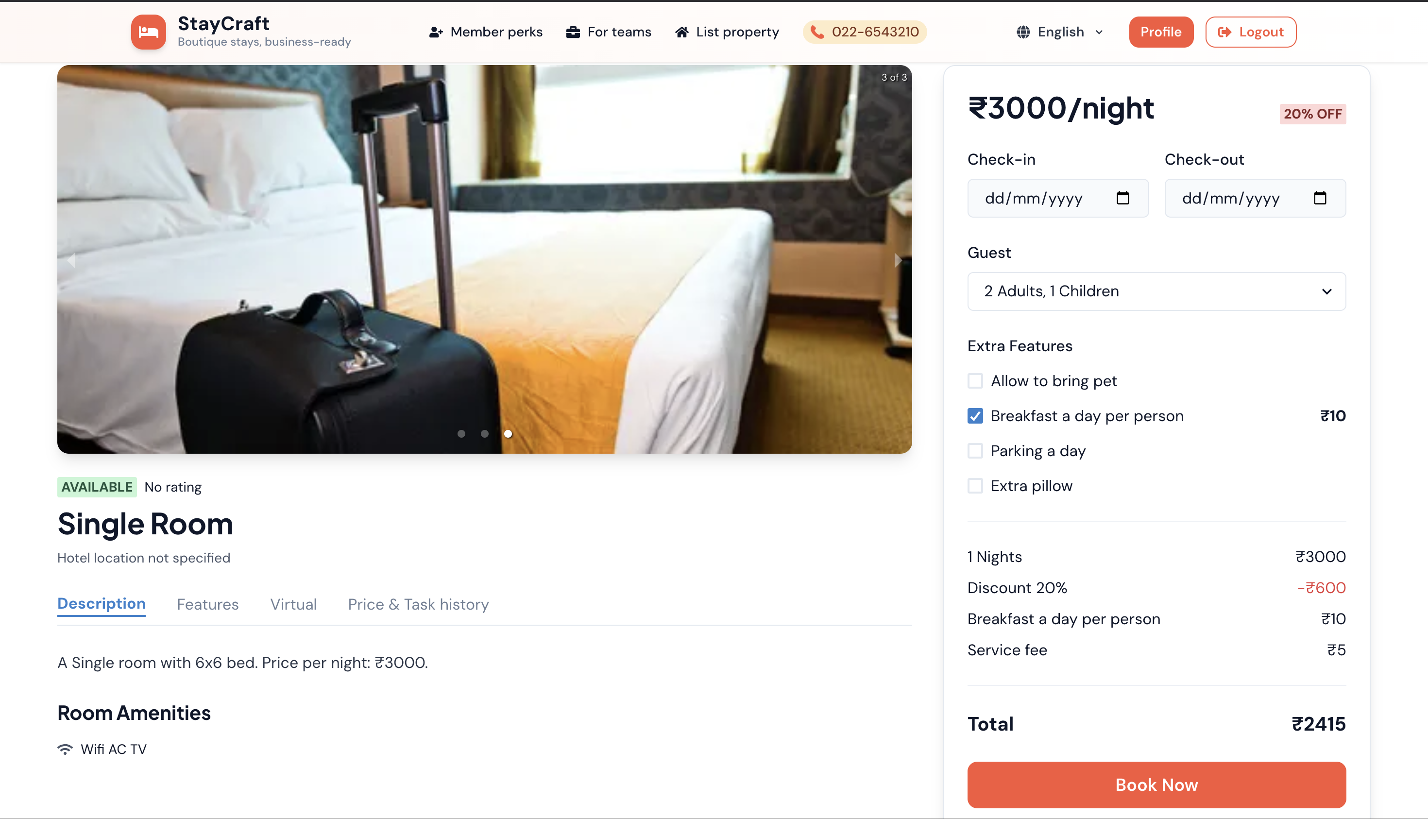 Booking checkout screen summarizing stay details